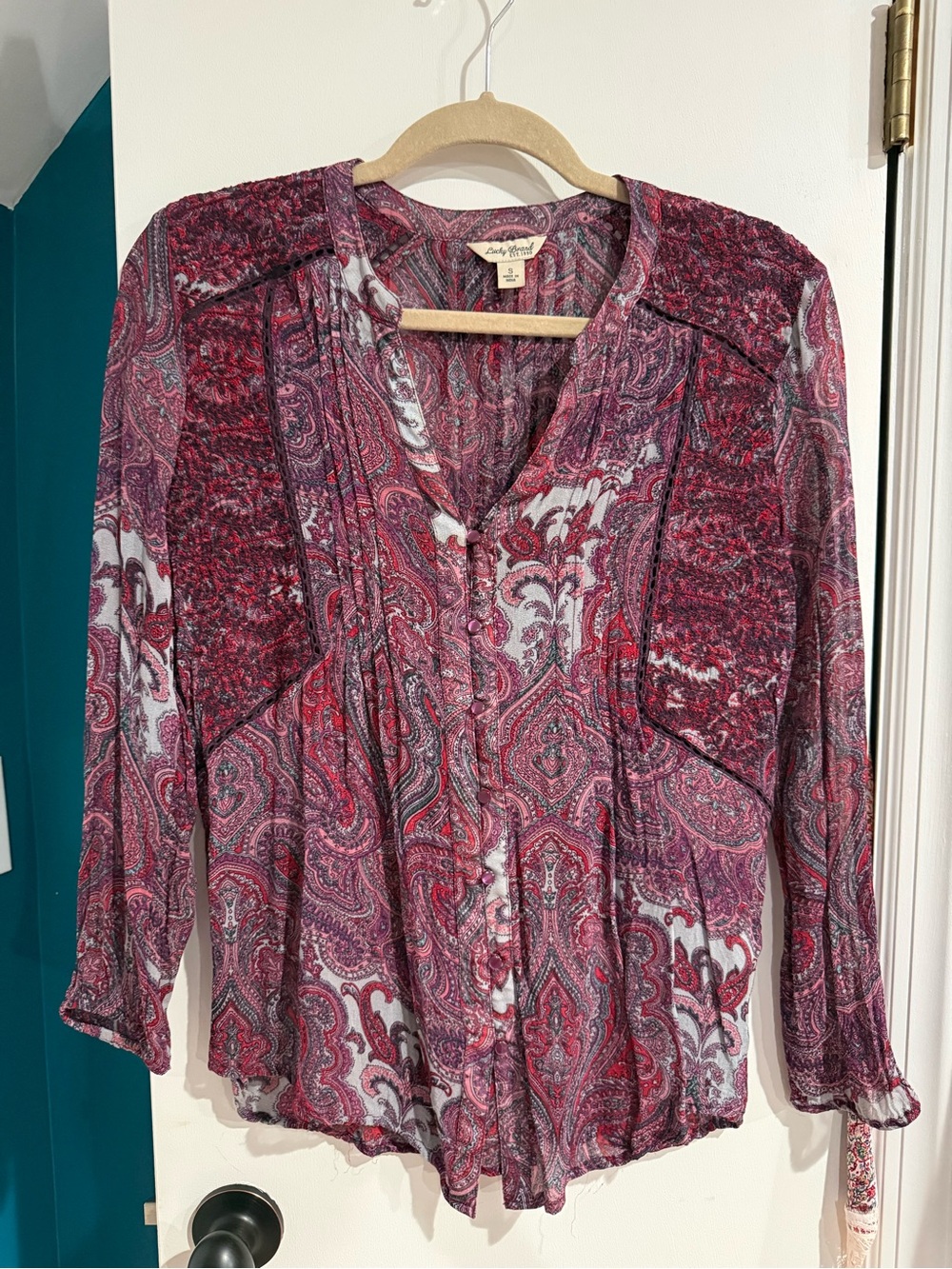 Lucky Brand Red-Pink Paisley Button-Up Blouse Sheer Small